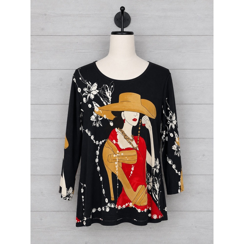 Nygard Collection Graphic Print Top L Black Red Fashion Illustration 3/4 Sleeve